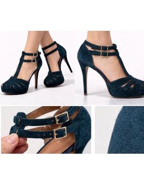 Joie Suede Strappy Heels Dark Teal Blue T-Strap Platform Pumps Size 37.5